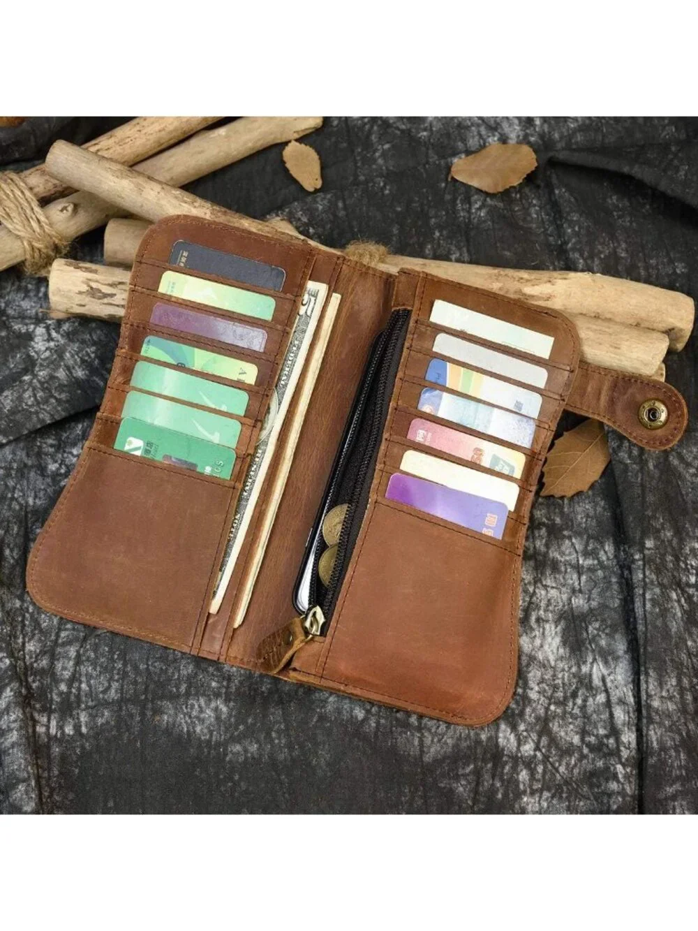 Men's Genuine Leather Long Wallet with Chain, Card Holder & Coin Pocket